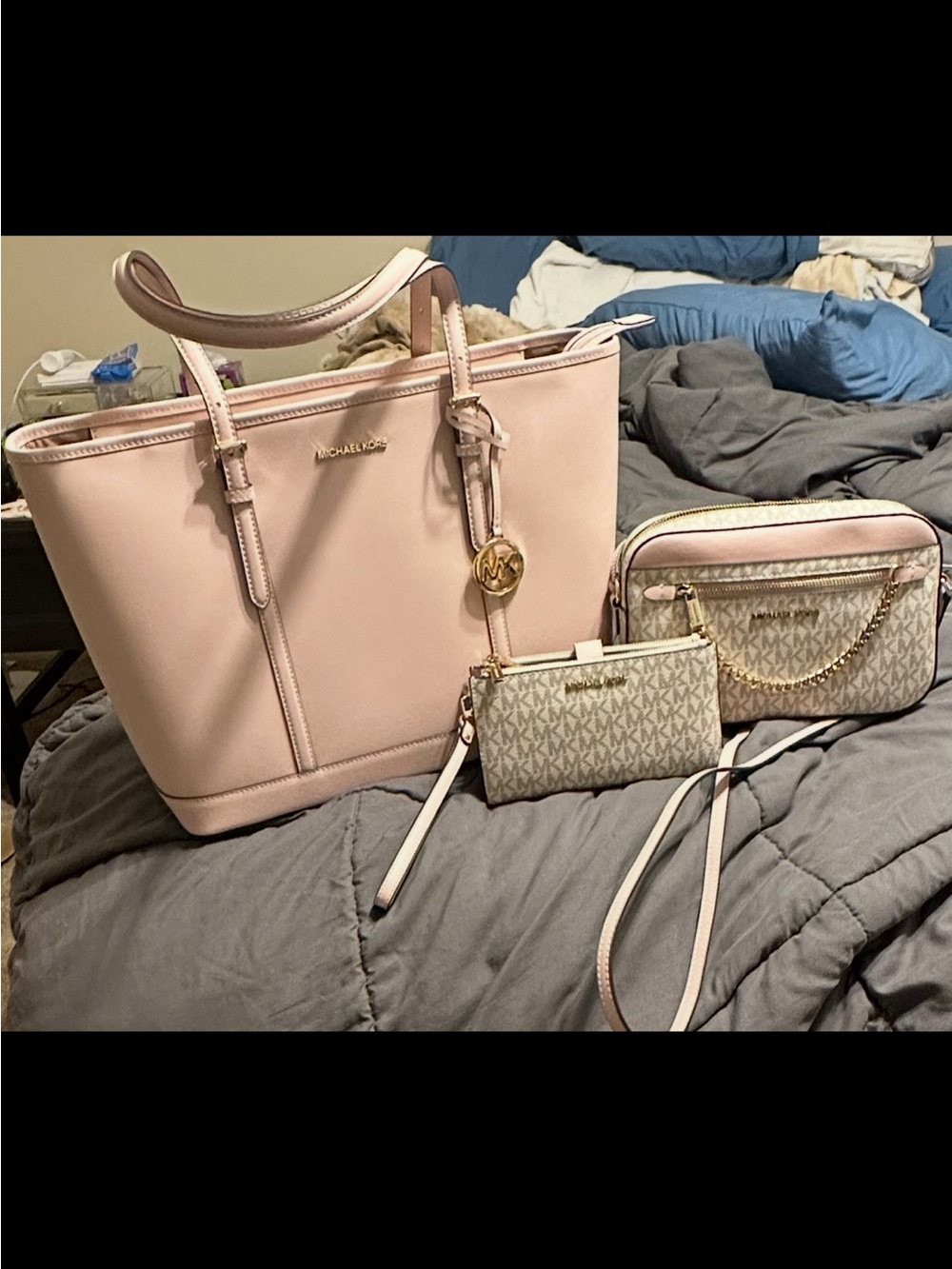 Michael Kors Blush Pink Tote with Monogram Crossbody & Wristlet Set